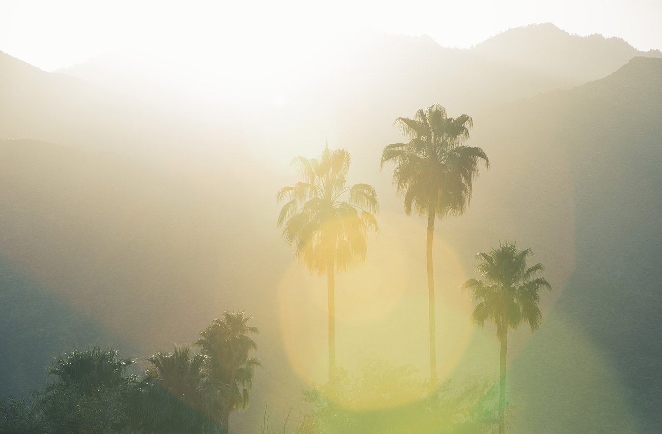 The sun setting behind mountains and palm trees behind our luxury California desert retreat.